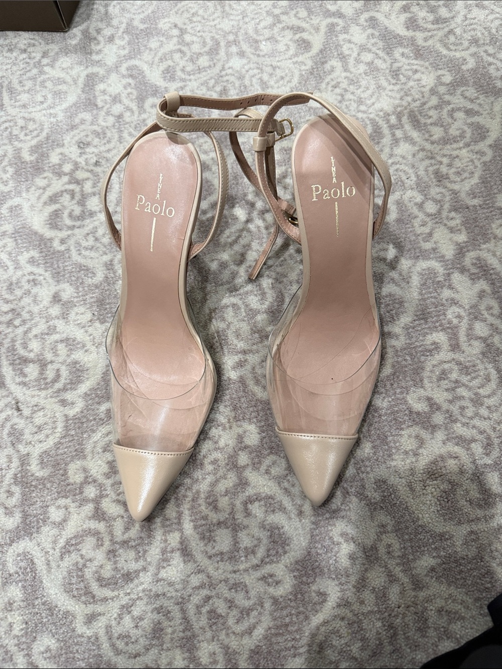 Linea Paolo Beige Pointed-Toe Ankle-Strap Heels with Clear Panels